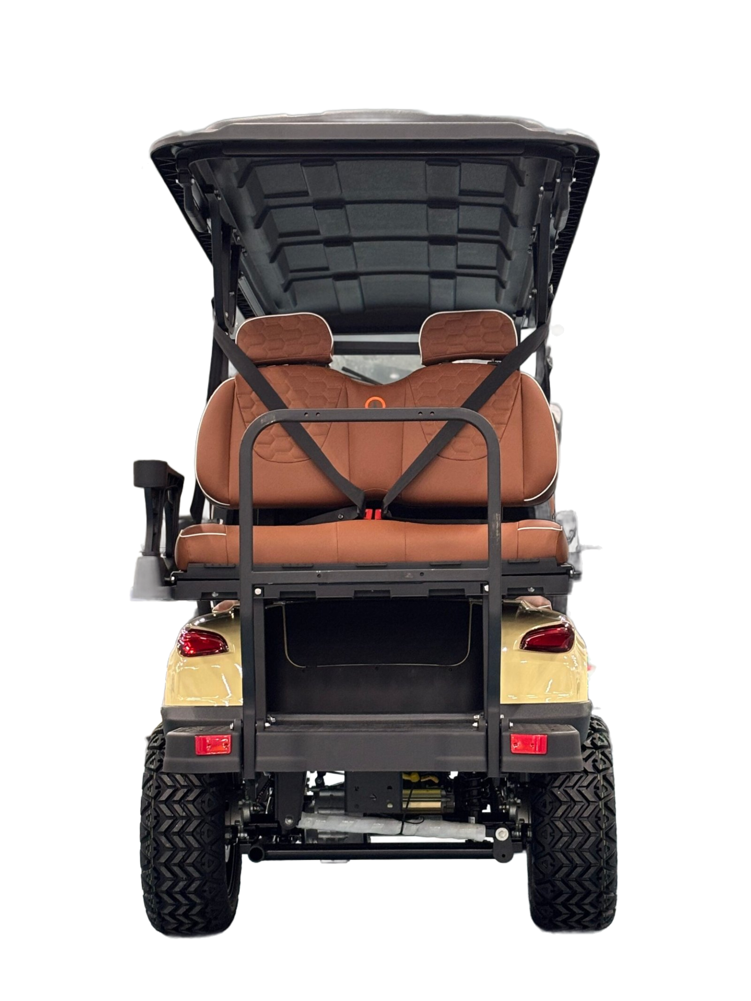Yellow commercial electric golf cart on neutral background